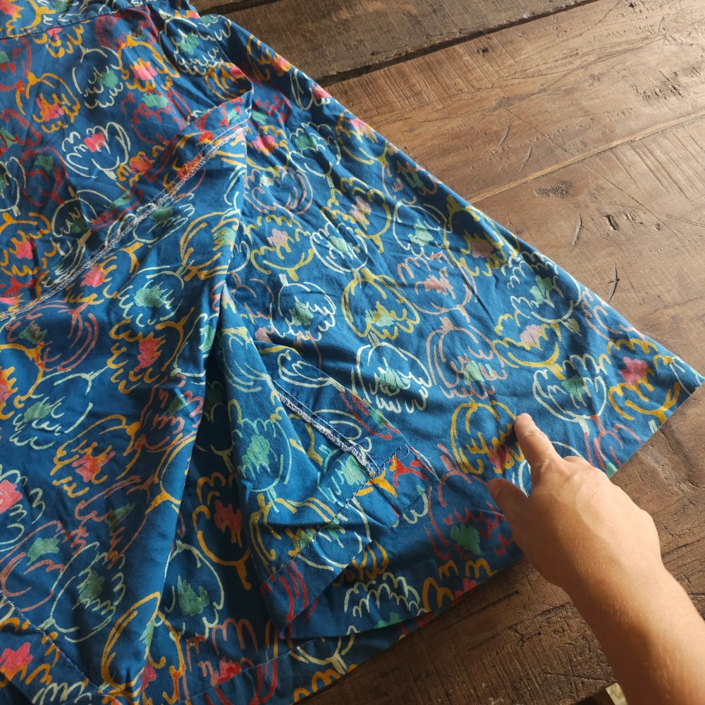 Vintage 1970s Blue Abstract Floral Wrap Skirt A-Line Boho Cotton Midi Skirt - Picture 9 of 13